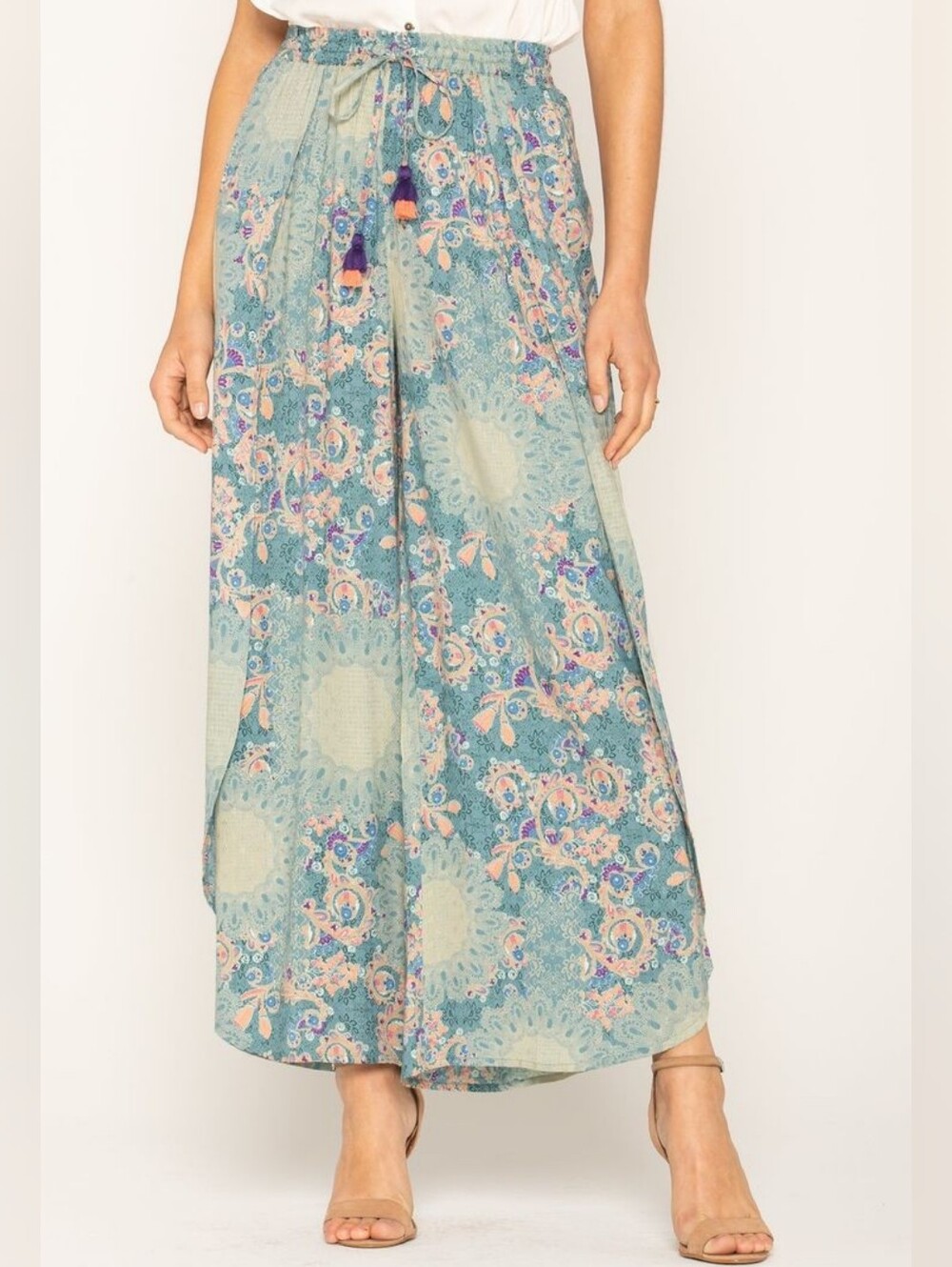 Boho Teal Floral Tulip Pants